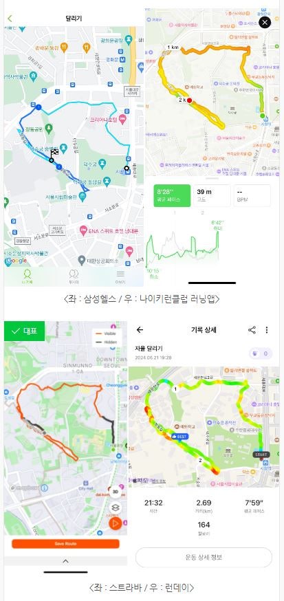 초보 러닝앱 어플 비교 추천ㅣ갤럭시워치 나이키런클럽 스트라바 런데이 지도 표시 기능 러....