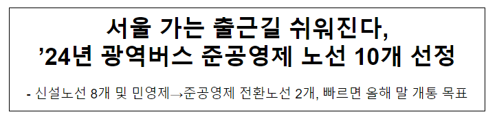 서울 가는 출근길 쉬워진다, ’24년 광역버스 준공영제 노선 10개 선정 서울 가는 출근길 쉬워진다, ’24년 광역버스 준공영제 노선 10개 선정