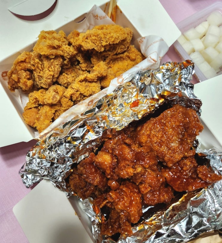  진주 혁신점 후라이드참잘하는집_후참잘 배달후기 / 양념 반, 후라이드 반 순살치킨