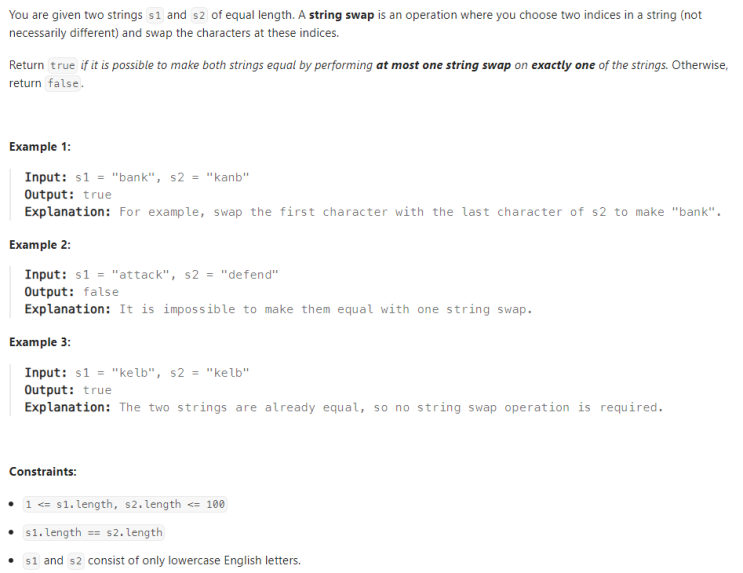  JAVA_LeetCode 1790_Check if One String Swap Can Make Strings Equal