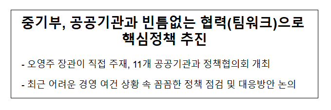 중기부, 공공기관과 빈틈없는 협력(팀워크)으로 핵심정책 추진 중기부, 공공기관과 빈틈없는 협력(팀워크)으로 핵심정책 추진