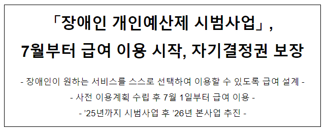 '장애인 개인예산제 시범사업' , 7월부터 급여 이용 시작, 자기결정권 보장 '장애인 개인예산제 시범사업' , 7월부터 급여 이용 시작, 자기결정권 보장
