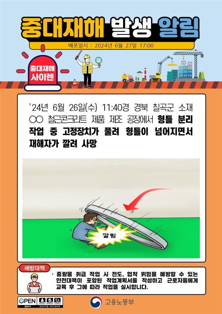  경북 칠곡군 00철근콘크리트 제품 제조 공장 형틀 깔림 사고