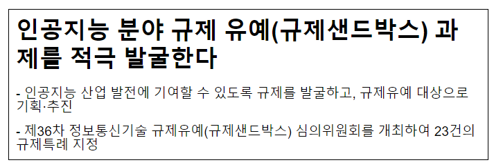 인공지능 분야 규제 유예(규제샌드박스) 과제를 적극 발굴한다 인공지능 분야 규제 유예(규제샌드박스) 과제를 적극 발굴한다