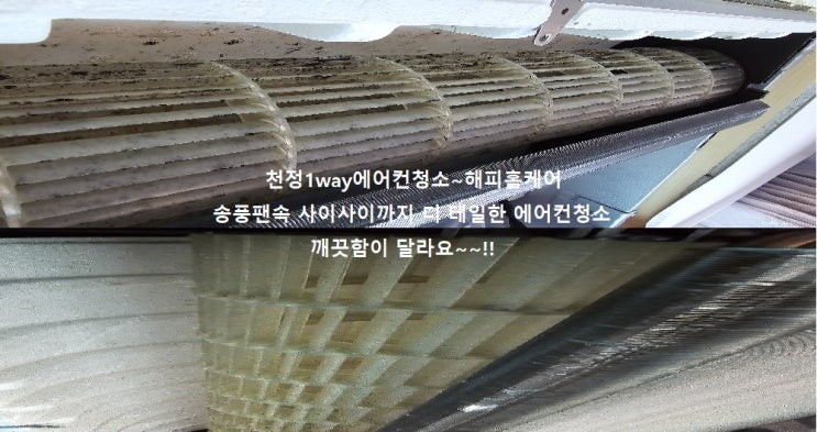  양산천전1way에어컨청소,에어컨속은 곰팡이로 물들고,송풍팬엔 곰팡이쩌꺼기가 많습니다~해피홈케어