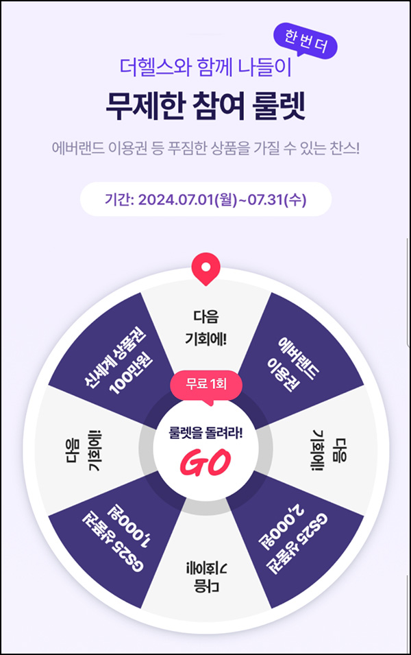 삼성생명 더헬스 룰렛 이벤트(GS25 1천원등 12,742명)즉당~07.31 삼성생명 더헬스 룰렛 이벤트(GS25 1천원등 12,742명)즉당~07.31