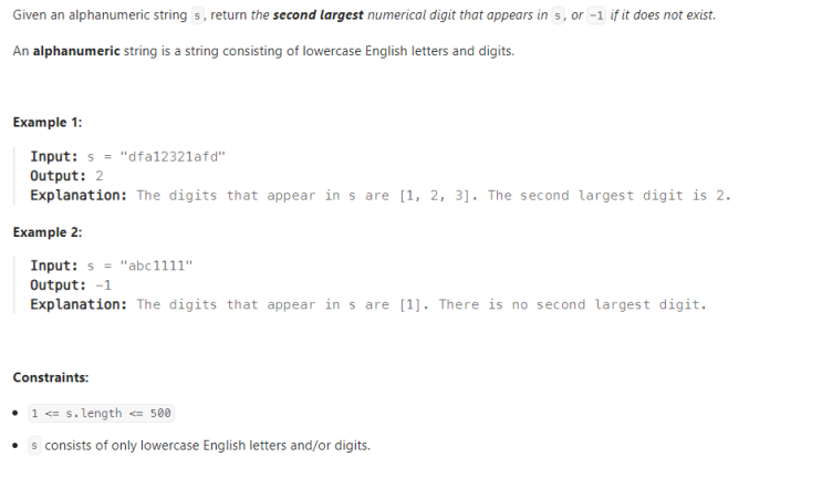  JAVA_LeetCode 1796_Second Largest Digit in a String