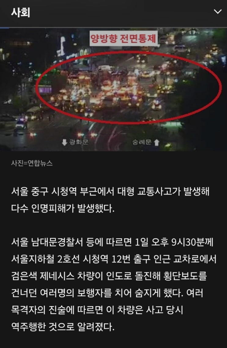  서울 시청역서 60대 운전자 보행로 돌진 9명 사망