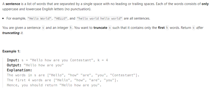  JAVA_LeetCode 1816_Truncate Sentence