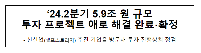 ‘24.2분기 5.9조 원 규모 투자 프로젝트 애로 해결 완료·확정 ‘24.2분기 5.9조 원 규모 투자 프로젝트 애로 해결 완료·확정