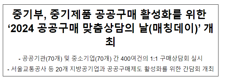 중기부, 중기제품 공공구매 활성화를 위한 ‘2024 공공구매 맞춤상담의 날(매칭데이)’ 개최 중기부, 중기제품 공공구매 활성화를 위한 ‘2024 공공구매 맞춤상담의 날(매칭데이)’ 개최