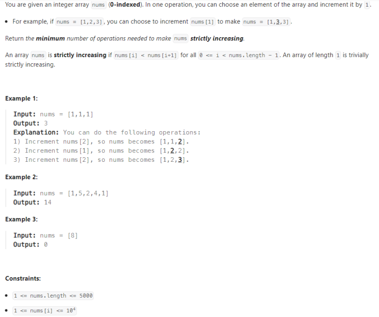  JAVA_LeetCode 1827_Minimum Operations to Make the Array Increasing