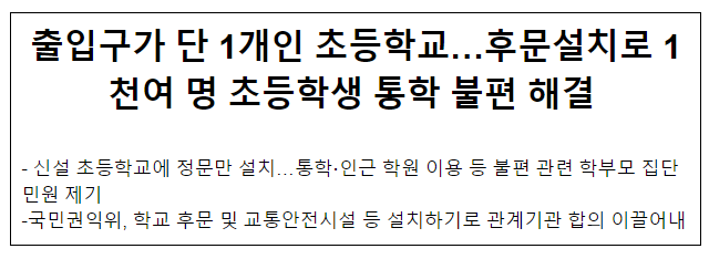 출입구가 단 1개인 초등학교… 후문설치로 1천여 명 초등학생 통학 불편 해결 출입구가 단 1개인 초등학교… 후문설치로 1천여 명 초등학생 통학 불편 해결