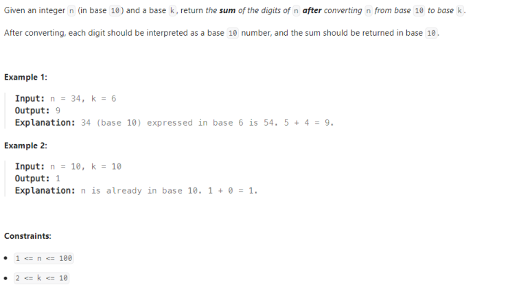 JAVA_LeetCode 1837_Sum of Digits in Base K