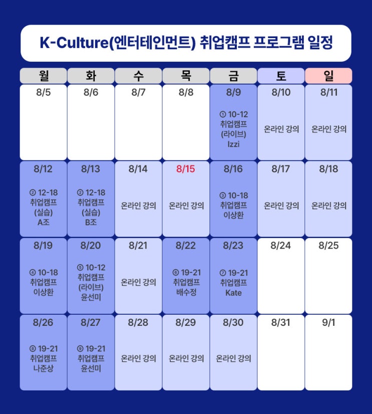  K-Culture(엔터테인먼트) 취업캠프 선착순 모집 시작 온라인+오프라인+실시간Live+현장실습(견학) 까지!(~8/4(일) 마감)