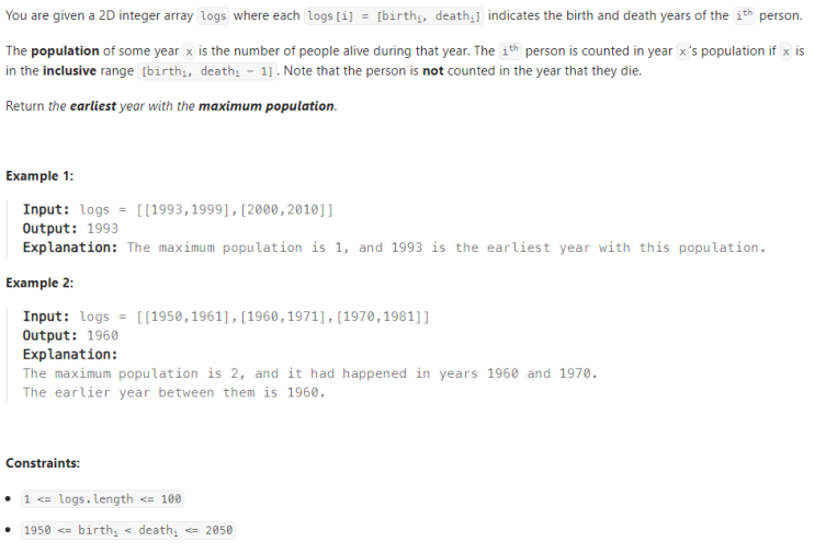  JAVA_LeetCode 1854_Maximum Population Year