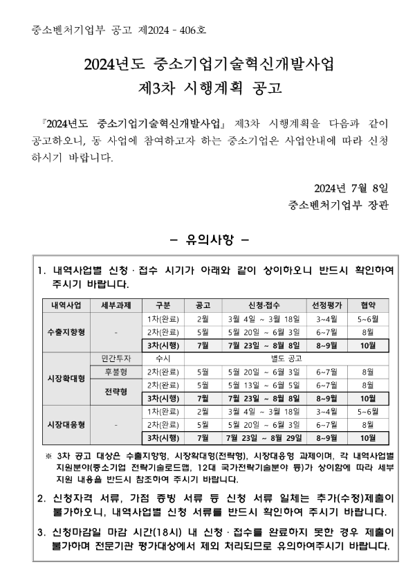 2024년 3차 중소기업기술혁신개발사업 시행계획 공고 2024년 3차 중소기업기술혁신개발사업 시행계획 공고