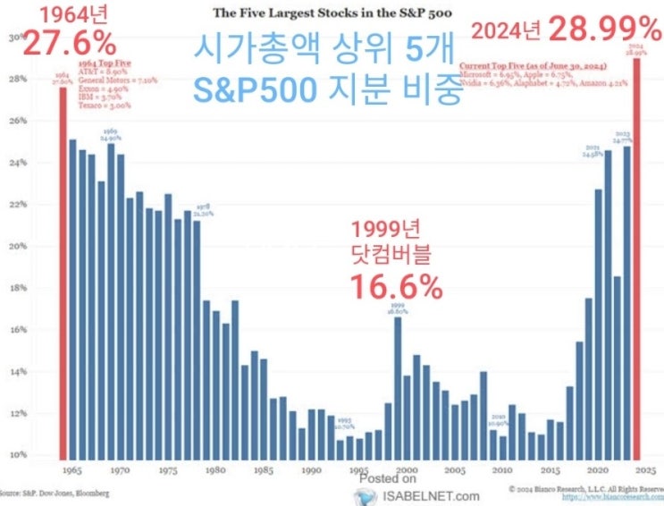  미국 시가총액 상위 5개 주식, S&P500 비중의 역사