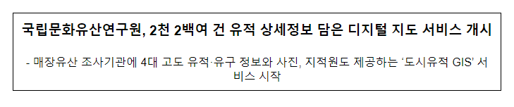 국립문화유산연구원, 2천 2백여 건 유적 상세정보 담은 디지털 지도 서비스 개시 국립문화유산연구원, 2천 2백여 건 유적 상세정보 담은 디지털 지도 서비스 개시
