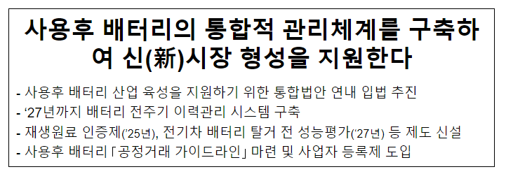 사용후 배터리의 통합적 관리체계를 구축하여 신(新)시장 형성을 지원한다 사용후 배터리의 통합적 관리체계를 구축하여 신(新)시장 형성을 지원한다