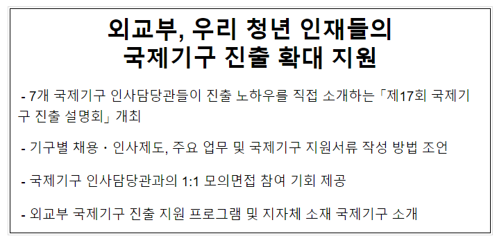 외교부, 우리 청년 인재들의 국제기구 진출 확대 지원 외교부, 우리 청년 인재들의 국제기구 진출 확대 지원