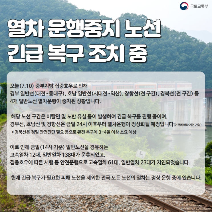 <b>경부선</b> 등 <b>운행중지</b> 4개 노선 긴급 복구 중, 24시부터... 