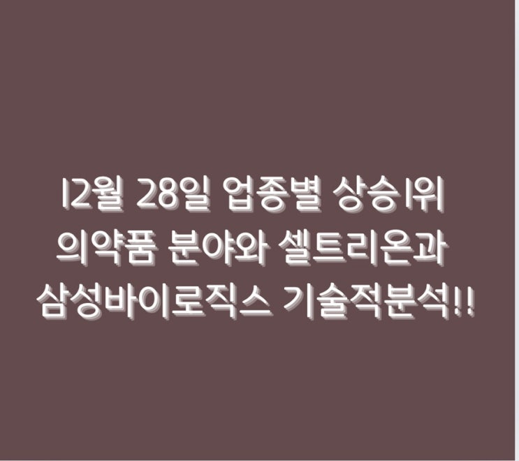  12월 28일 업종별 상승1위 의약품 분야와 셀트리온과 삼성바이로직스 기술적분석!!