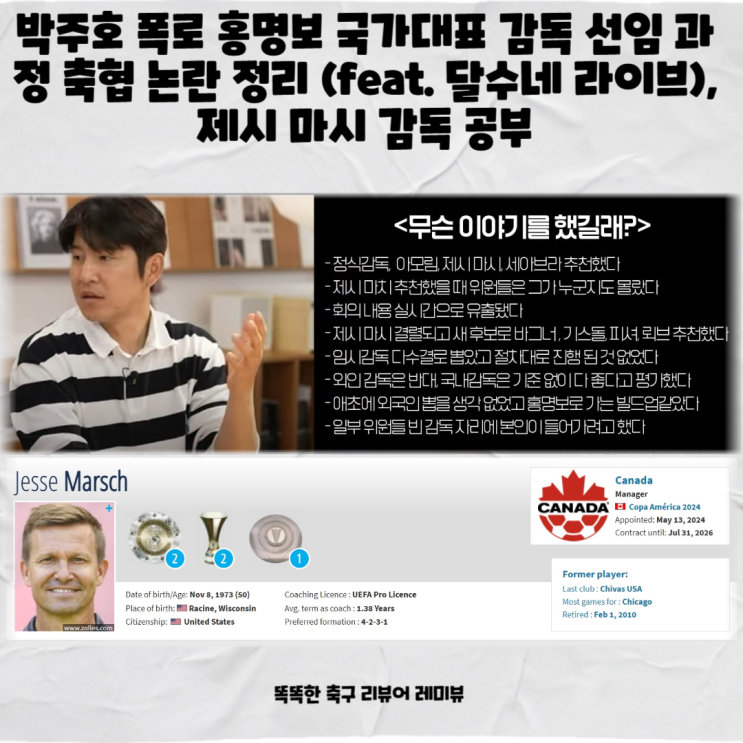 박주호 폭로 홍명보 국가대표 감독 선임 과정 축협 논란 정리 (feat. 달수네 라이브, 박지성 인터뷰) 제시 마시 감독 박주호 폭로 홍명보 국가대표 감독 선임 과정 축협 논란 정리 (feat. 달수네 라이브, 박지성 인터뷰) 제시 마시 감독