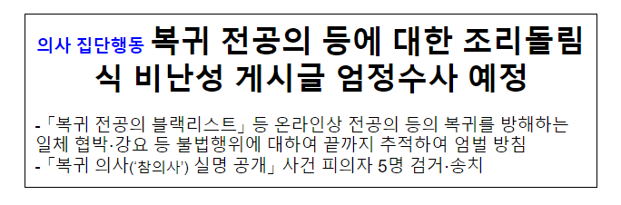 의사 집단행동 복귀 전공의 등에 대한 조리돌림식 비난성 게시글 엄정수사 예정 의사 집단행동 복귀 전공의 등에 대한 조리돌림식 비난성 게시글 엄정수사 예정