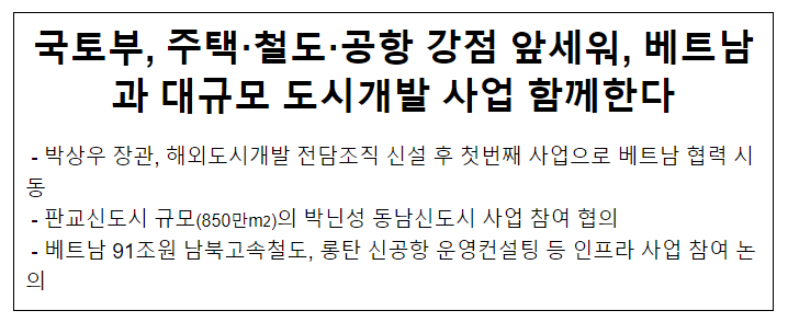 국토부, 주택·철도·공항 강점 앞세워, 베트남과 대규모 도시개발 사업 함께한다 국토부, 주택·철도·공항 강점 앞세워, 베트남과 대규모 도시개발 사업 함께한다