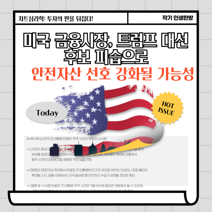 국제 경제 뉴스: 미국 금융시장, 트럼프 대선 후보 피습으로 안전자산 선호 강화될 가능성