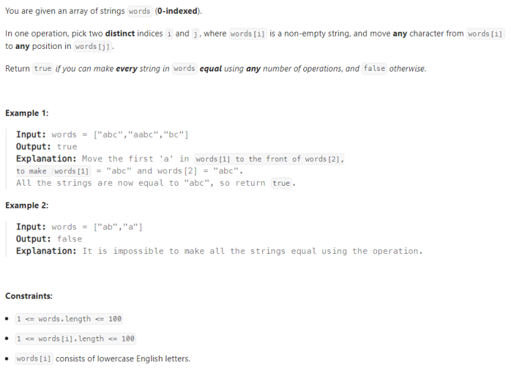  JAVA_LeetCode 1897_Redistribute Characters to Make All Strings Equal