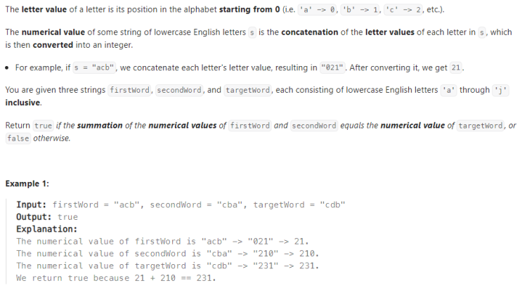  JAVA_LeetCode 1880_Check if Word Equals Summation of Two Words