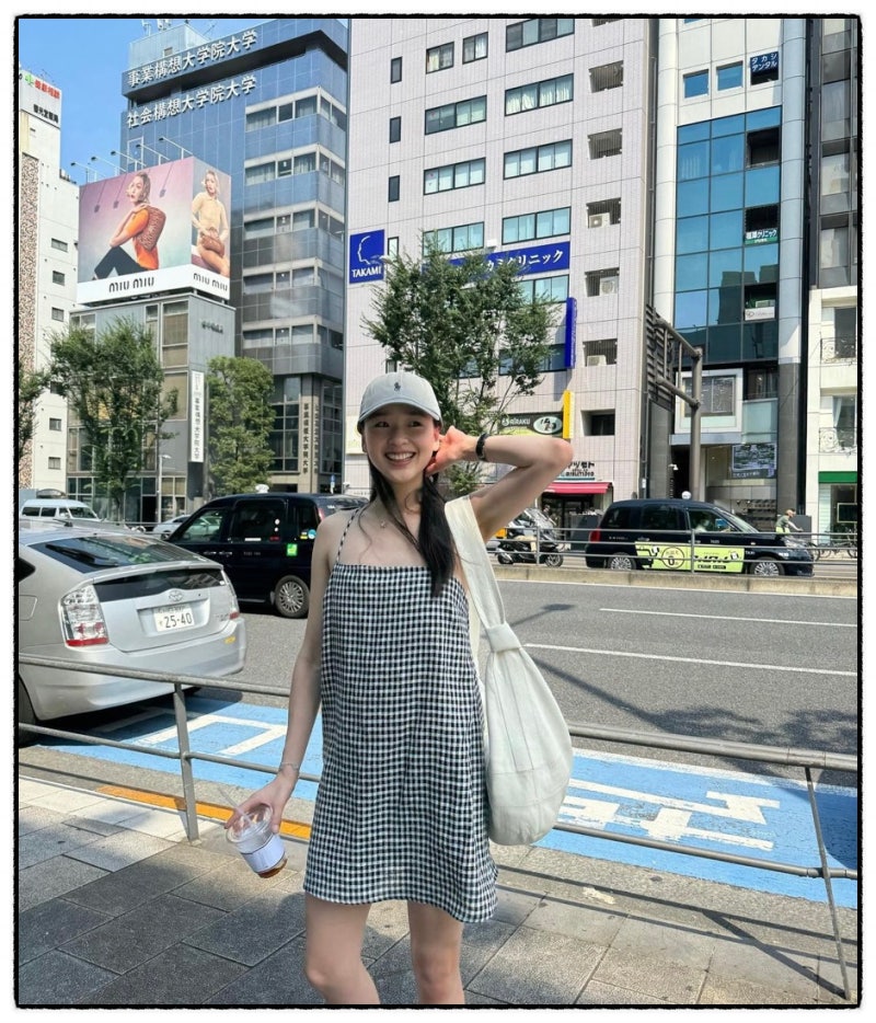 여름 끈나시 원피스 손연재의 도쿄여행 깅엄체크 미니원피스