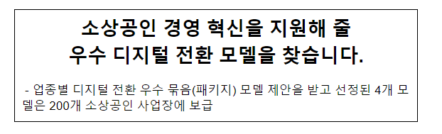 소상공인 경영 혁신을 지원해 줄 우수 디지털 전환 모델을 찾습니다. 소상공인 경영 혁신을 지원해 줄 우수 디지털 전환 모델을 찾습니다.