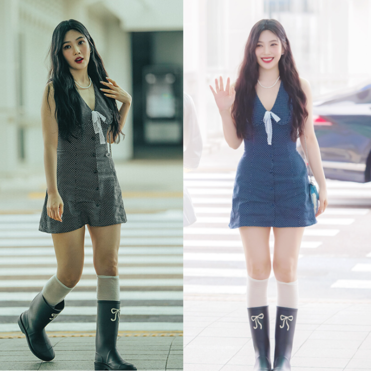  조이 공항패션 우아한 레인부츠 원피스 코디 어디꺼?