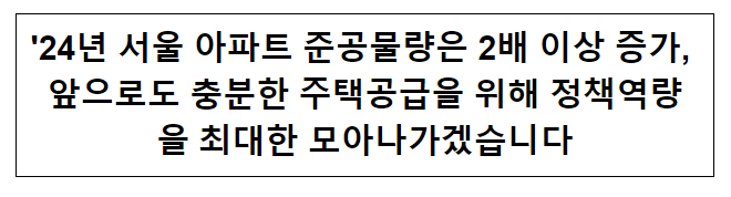 ’24년 서울 아파트 준공물량은 2배 이상 증가, 앞으로도 충분한 주택공급을 위해 정책역량을 최대한 모아나가겠습니다 ’24년 서울 아파트 준공물량은 2배 이상 증가, 앞으로도 충분한 주택공급을 위해 정책역량을 최대한 모아나가겠습니다