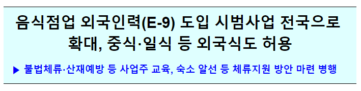 음식점업 외국인력(E-9) 도입 시범사업 전국으로 확대, 중식·일식 등 외국식도 허용 음식점업 외국인력(E-9) 도입 시범사업 전국으로 확대, 중식·일식 등 외국식도 허용