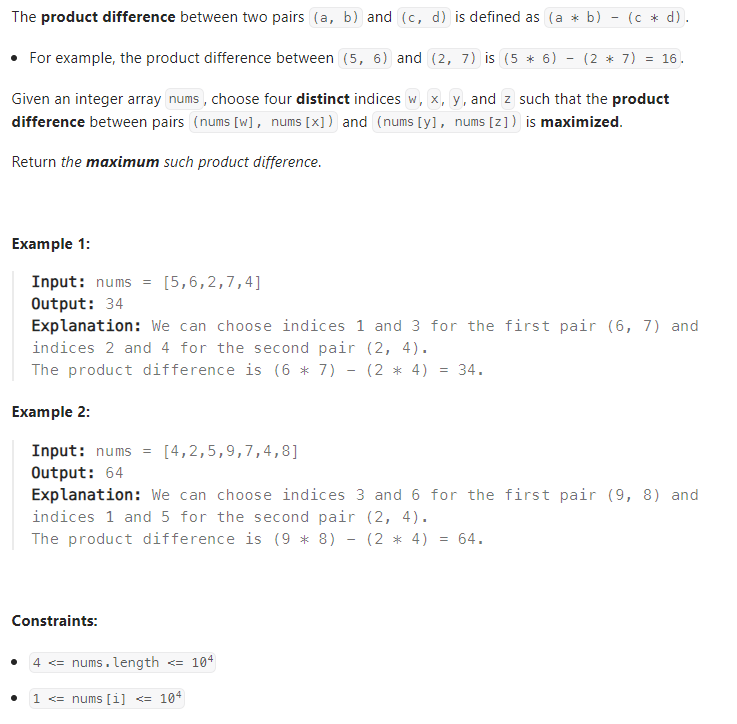  JAVA_LeetCode 1913_Maximum Product Difference Between Two Pairs