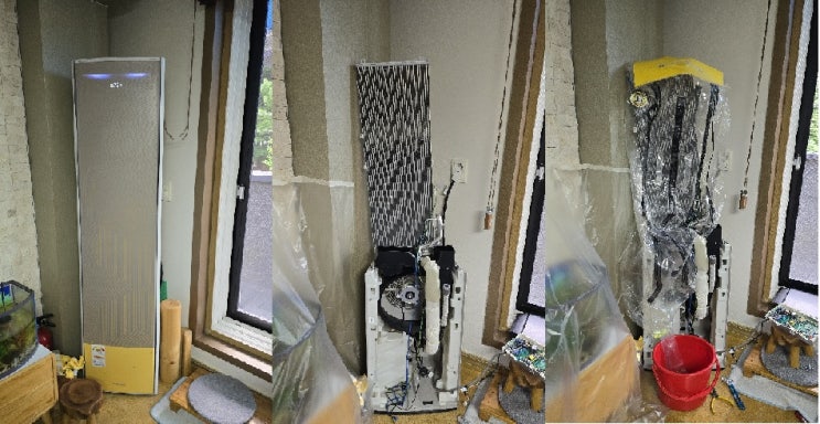  양산무풍갤러리에어컨 분해청소,곰팡이오염 때문에 시큼한냄새만 뿜었던에어컨,극심한 오염주범인 곰팡이틀어내니 향기만남네요~해피홈케어