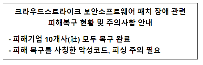 크라우드스트라이크 보안소프트웨어 패치 장애 관련 피해복구 현황 및 주의사항 안내 크라우드스트라이크 보안소프트웨어 패치 장애 관련 피해복구 현황 및 주의사항 안내