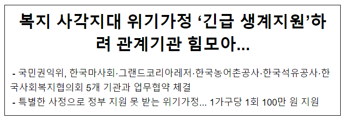 복지 사각지대 위기가정 ‘긴급 생계지원’하려 관계기관 힘모아... 복지 사각지대 위기가정 ‘긴급 생계지원’하려 관계기관 힘모아...