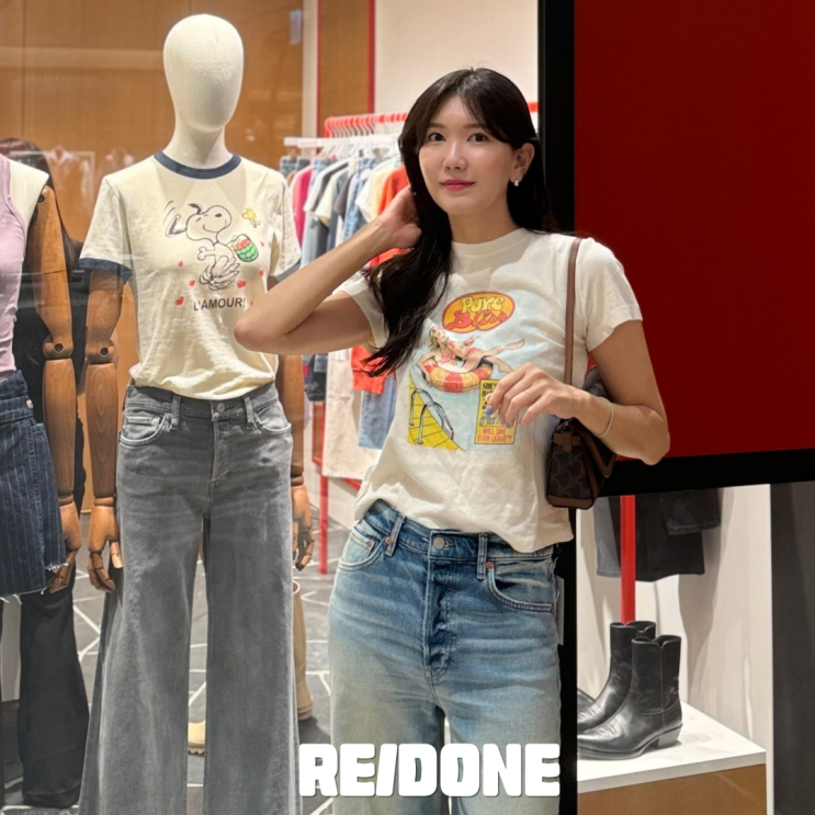  2024 여자 여름 옷 코디 리던 갤러리아 매장 RE/DONE 와이드 데님 팬츠 맨투맨
