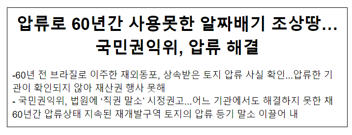 압류로 60년간 사용못한 알짜배기 조상땅… 국민권익위, 압류 해결 압류로 60년간 사용못한 알짜배기 조상땅… 국민권익위, 압류 해결