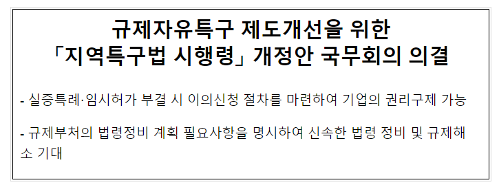 규제자유특구 제도개선을 위한 「지역특구법 시행령」 개정안 국무회의 의결 규제자유특구 제도개선을 위한 「지역특구법 시행령」 개정안 국무회의 의결