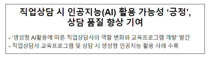 직업상담 시 인공지능(AI) 활용 가능성 ‘긍정’, 상담 품질 향상 기여 직업상담 시 인공지능(AI) 활용 가능성 ‘긍정’, 상담 품질 향상 기여