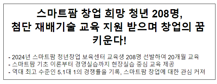 스마트팜 창업 희망 청년 208명, 첨단 재배기술 교육 지원 받으며 창업의 꿈 키운다! 스마트팜 창업 희망 청년 208명, 첨단 재배기술 교육 지원 받으며 창업의 꿈 키운다!