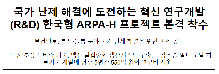 국가 난제 해결에 도전하는 혁신 연구개발(R&D) 한국형 ARPA-H 프로젝트 본격 착수 국가 난제 해결에 도전하는 혁신 연구개발(R&D) 한국형 ARPA-H 프로젝트 본격 착수