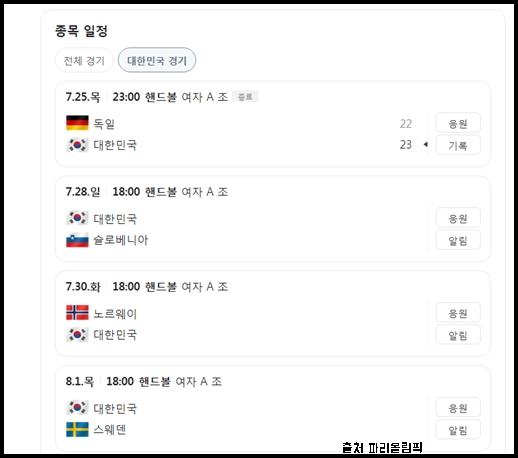 한국 슬로베니아 <b>핸드볼</b> 파리 올림픽 중계 <b>8강</b> 대한민국