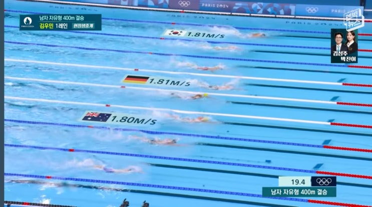 파리올림픽 <b>김우민</b> 선수 400m <b>자유형</b> 결승 경기 / 1번레인이... 